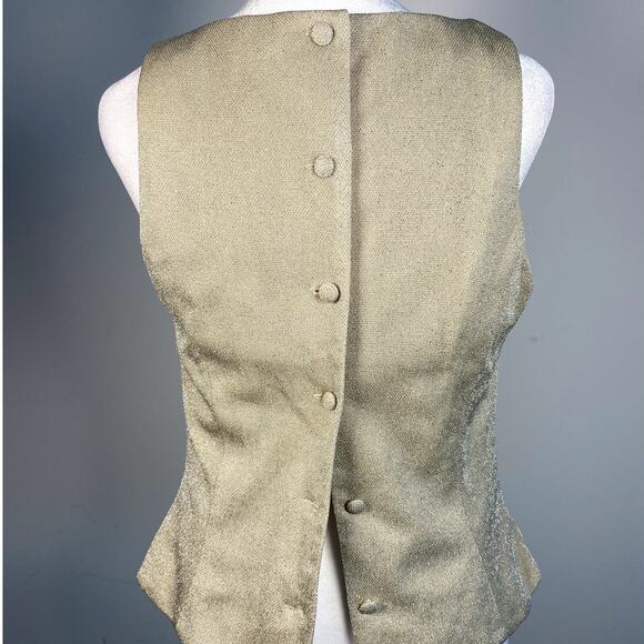 Gold Vintage Pleated Button Down Sleeveless Womens High Neck Top Retro Preppy - Picture 1 of 5